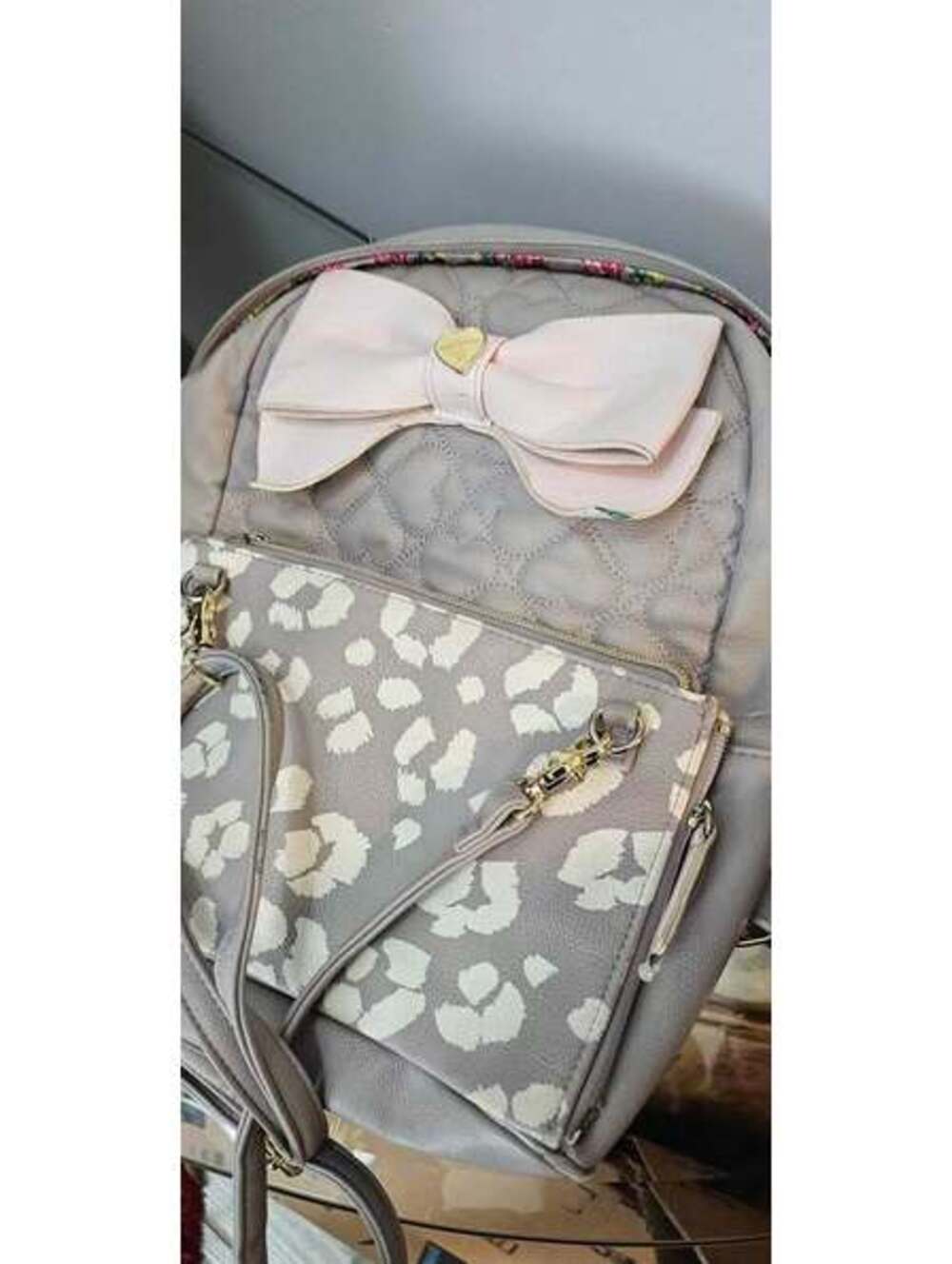 Betsey Johnson Beige and Pink Quilted Backpack with Bow Accent and Leopard Print